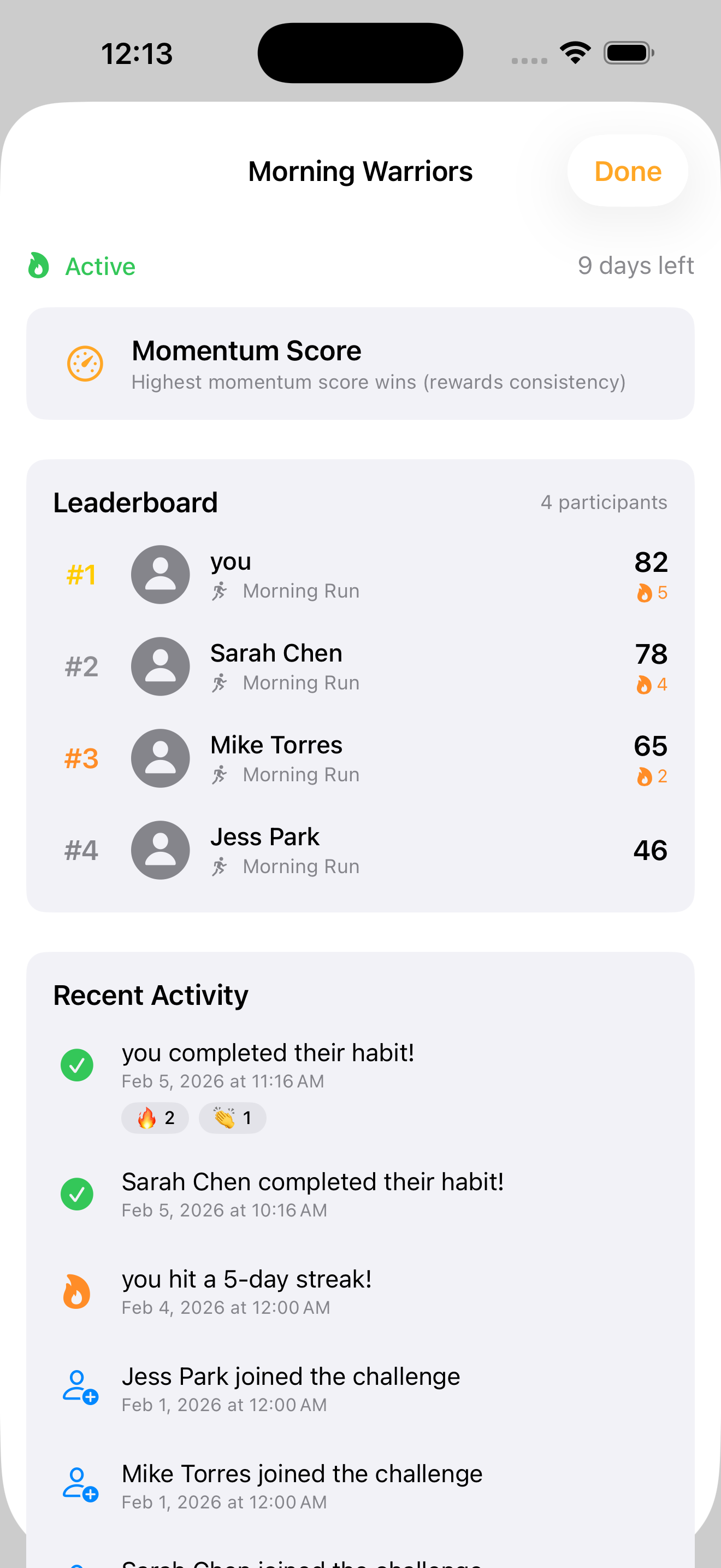 Challenge leaderboard with activity feed