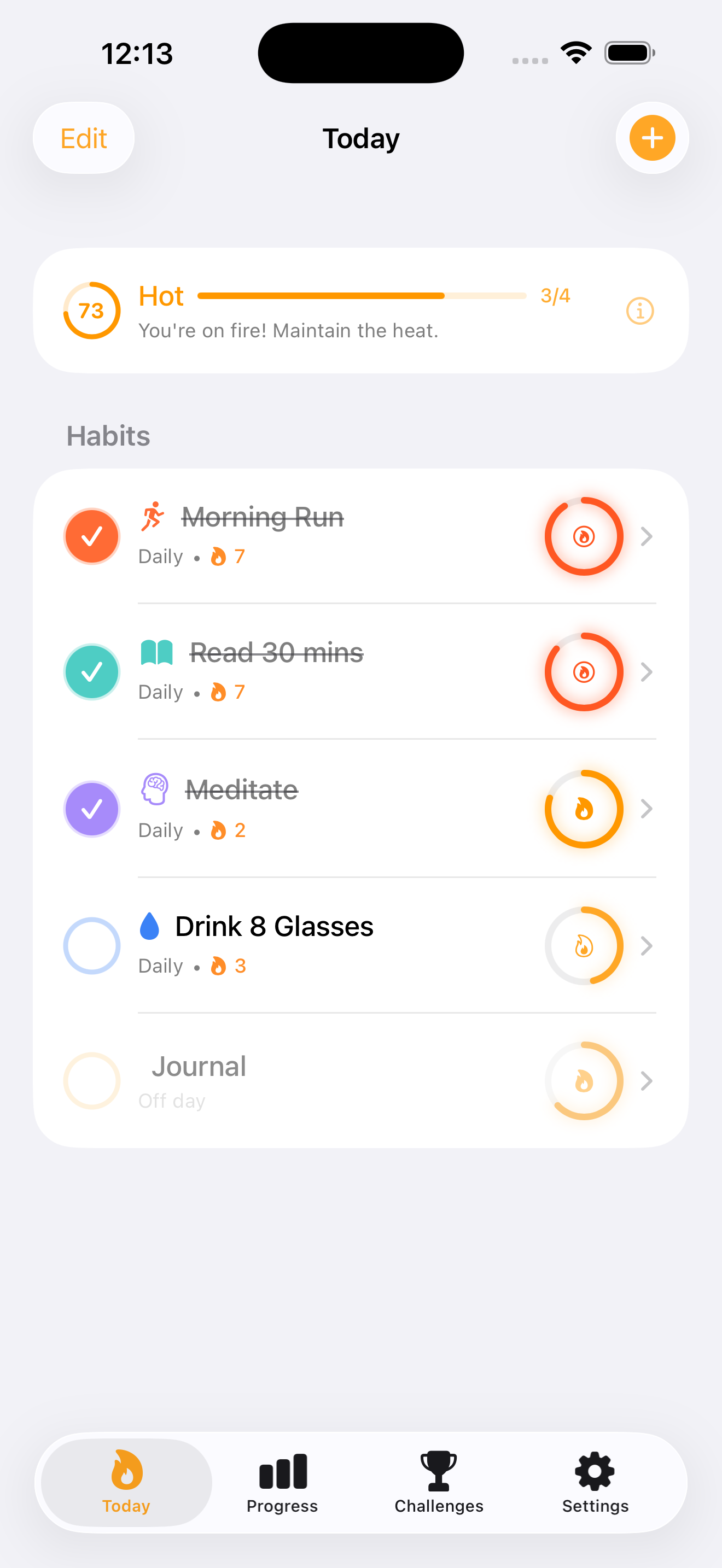 Forged app showing daily habits with momentum rings